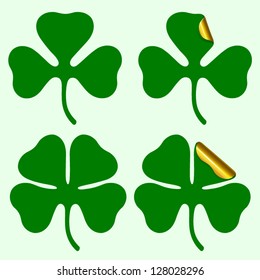 Three and four leaf clover silhouette, plus sticker with curled corner Vector illustration