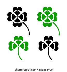 Three and four leaf clovers for luck. Shamrock and four-leaf vector illustration in black and green colors.