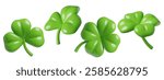 Three and four leaved 3d clovers collection. Green shamrock render - Saint Patrick's Day decoration and symbol of luck. Vector illustrations set isolated on white background.