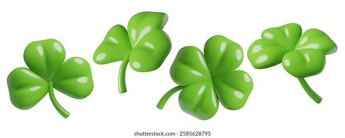 Three and four leaved 3d clovers collection. Green shamrock render - Saint Patrick's Day decoration and symbol of luck. Vector illustrations set isolated on white background.