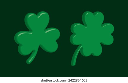 Three and four leaves 3d clovers. St Patrick's day vector illustration.