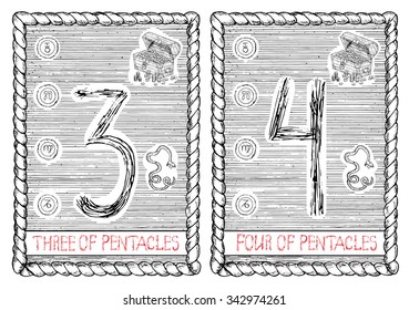 Three and four of pentacles. The minor arcana tarot card, vintage hand drawn engraved illustration with mystic symbols. 