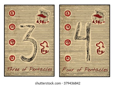 Three and four of pentacles in red. The minor arcana tarot card, vintage hand drawn engraved illustration with mystic symbols.