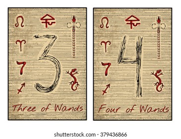 Three and four of wands in red. The minor arcana tarot card, vintage hand drawn engraved illustration with mystic symbols.