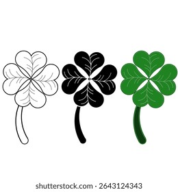 Three four-leaf clover illustrations in outline, solid black, and green styles. A lucky leaf symbol representing fortune, hope, and happiness.