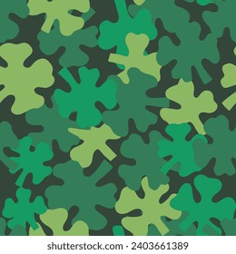 Three and four-leaf clover, shamrock seamless pattern. Traditional Saint Patrick's Day lucky charm, mascot backdrop for textile, fabric, wallpaper, and other print and design. Vector illustration.