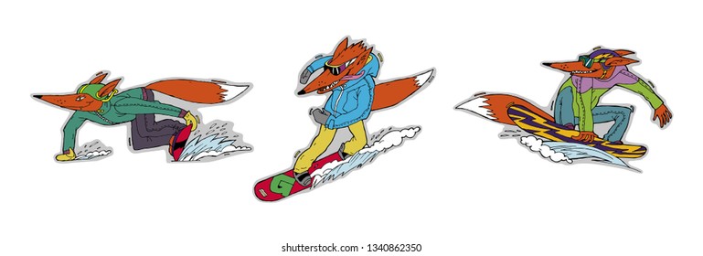 Three fox lovers of winter sports, snowboarding. Colored illustrations, stickers, can be used in advertising and sporting goods, as well as in souvenirs.