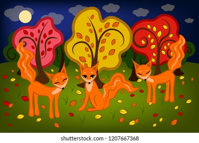 Three foxes at night in a clearing in the forest