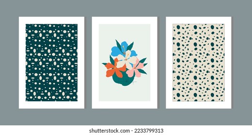 Three frame colorful pattern flower set. Minimalist wall art decor with pastel live colorful. Winter and autumn hand draw tree leaf branches background. Holiday, christmas tree fabric print. Vector 