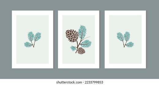 Three frame of fir cone set. Minimalist wall art decor with pastel green, brown. Winter and autumn hand draw pinecone cones background. Holiday season, christmas tree fabric print. Vector illustration