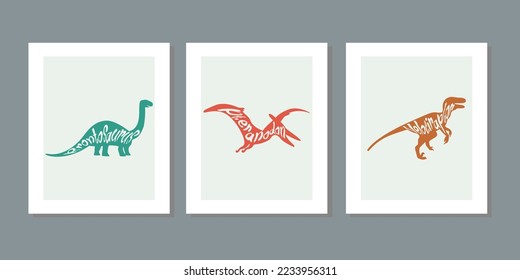 Three frame set of illustrations with cute dinosaurs on a white background. Hand drawn cartoon dinos vector for children, girl, boy. For postcard, wall, poster kids room fabric fashion shirt clothes.
