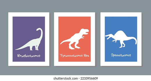 Three frame set of illustrations with cute dinosaurs on a white background. Hand drawn cartoon dinos vector for children, girl, boy. For postcard, wall, poster kids room fabric fashion shirt clothes.
