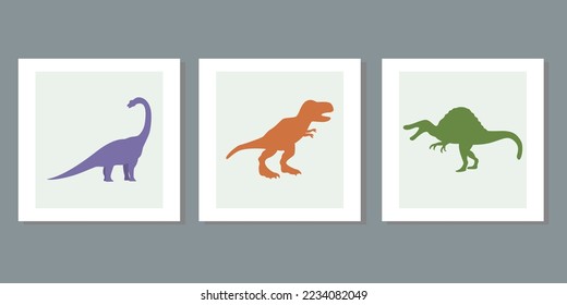 Three frame set of illustrations with cute dinosaurs on a white background. Hand drawn cartoon dinos vector for children, girl, boy. For postcard, wall, poster kids room fabric fashion shirt clothes.
