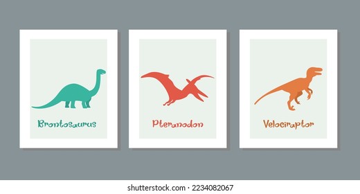 Three frame set of illustrations with cute dinosaurs on a white background. Hand drawn cartoon dinos vector for children, girl, boy. For postcard, wall, poster kids room fabric fashion shirt clothes.
