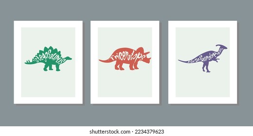 Three frame set of illustrations with cute dinosaurs on a white background. Hand drawn cartoon dinos vector for children, girl, boy. For postcard, wall, poster kids room fabric fashion shirt clothes.
