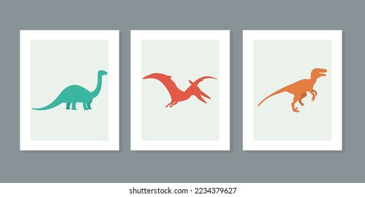 Three frame set of illustrations with cute dinosaurs on a white background. Hand drawn cartoon dinos vector for children, girl, boy. For postcard, wall, poster kids room fabric fashion shirt clothes.
