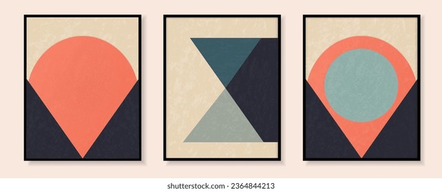 Three framed abstract geometric artwork. Pastel vintage style. Vector illustration