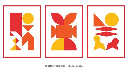 Three framed abstract geometric prints featuring bold, warm tones of red, orange and yellow against a neutral background, creating a modern and playful aesthetic.