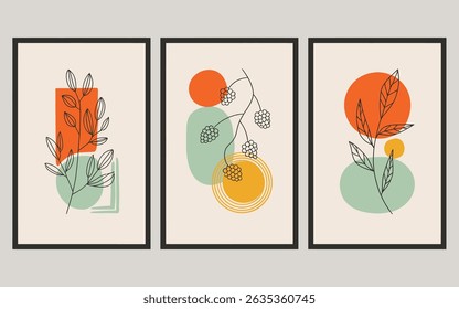 Three framed minimalist botanical prints. Modern art with plant motifs, set against a cream background and bold shapes in orange, green and yellow.