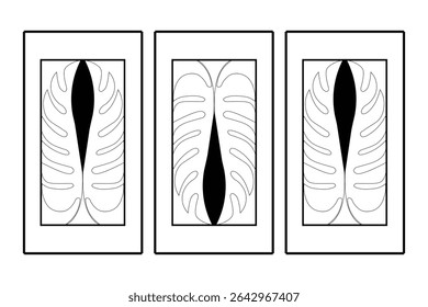 Three framed monstera leaf illustrations in black and white, creating a modern and minimalist botanical art piece.