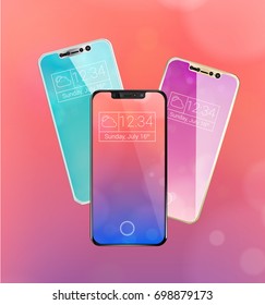 Three frameless futuristic smartphone with glossy screen in silver color, front & back, Iphone 8 svg