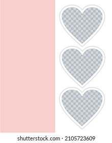 Three frames of hearts on a white and pink background. Holiday card, banner, poster Mockup. Blank template for your design. Photo card collage.