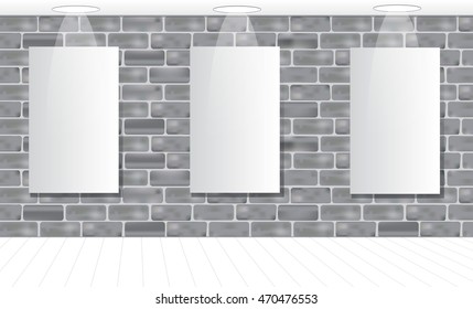 Three frames on the gray brick wall for your advertisement. Light. Mock up. Vector illustration.