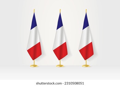 Three France flags in a row on a golden stand, illustration of press conference and other meetings. Vector illustration.