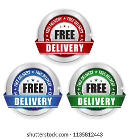 Three free delivery badges with silver border and ribbon on white background
