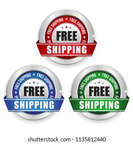 Three free shipping badges with silver border and ribbon on white background