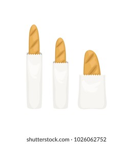Three fresh baguettes in a paper bags, French bread vector Illustration