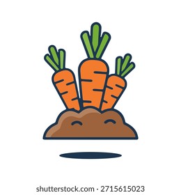Tres zanahorias frescas que crecen en el suelo con una cara sonriente linda en el estilo de dibujos animados del suelo.