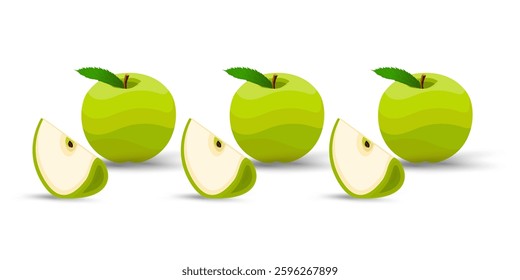 Three fresh green apples with smooth, wavy textures sit in a row, each accompanied by a neatly sliced quarter. Their vibrant green leaves and brown stems add a touch of natural freshness