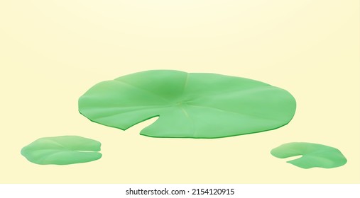 Three fresh green leaves of a lotus plant floating on the surface isolated on yellow background