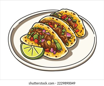 Three fresh meat tacos on the plate in white background 