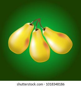 Three fresh realistic pears on a yellow background