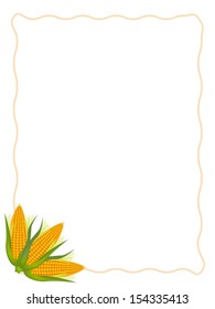 Three Fresh Ripe Sweet Corn and Green Husk with Brown Frame on A White Background 