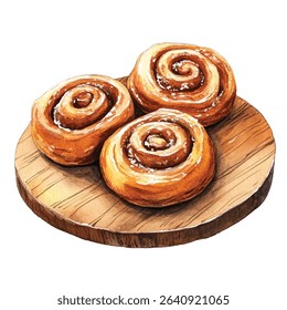 Three freshly baked cinnamon rolls, glazed and arranged on a wooden serving platter, captured in a watercolor style.