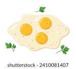 Three Fried fresh eggs with parsley leaves and spices. Cooked fried egg meal. Healthy organic food for breakfast. Vector flat illustration isolated on white background.