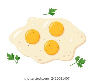 Three Fried fresh eggs with parsley leaves and spices. Cooked fried egg meal. Healthy organic food for breakfast. Vector flat illustration isolated on white background.