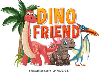 Three friendly dinosaurs under a palm tree