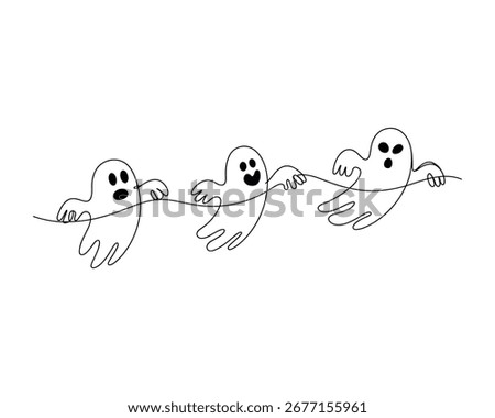 Three friendly ghosts holding hands in a continuous line drawing style on a white background.