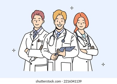 Tres amigables doctores hombres y mujeres juntos. Concepto de equipo médico. Ilustración del vector con estilo dibujado a mano