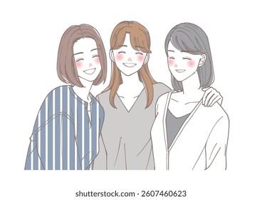 Three friendly women looking at us with smiles on their faces.