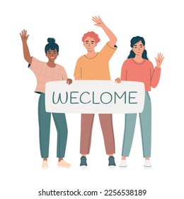 Three friendly young people with hands raised in greeting gesture holding welcome banner. Business team, new employee. The concept of invitations. Flat vector illustration