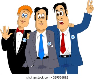 three friends in blue costumes at the holiday party, vector