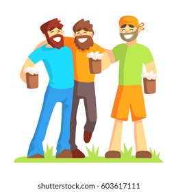 Three Friends With Bushy Beards Drinking Beer Outdoors, Part Of Male Friendship Series Of Illustrations.
