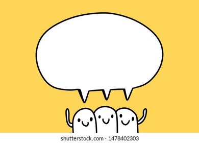 Three friends cartoon team hand drawn vector illustration talking speech bubble minimalism on yellow background