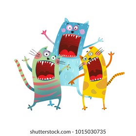 Three Friends Cats Singing karaoke song. Funny cartoon of crazy kitten company. Vector illustration.