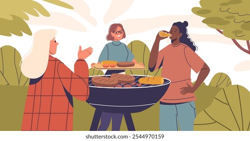 Three Friends Celebrate A Relaxing Afternoon At A Barbecue, Enjoying Freshly Grilled Food And Drinks In A Beautiful Natural Setting, Creating A Warm And Joyful Atmosphere Of Friendship And Happiness